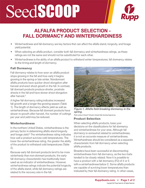 Screen shot image of SeedSCOOP publication discussing alfalfa product selection for fall dormancy and winterhardiness.