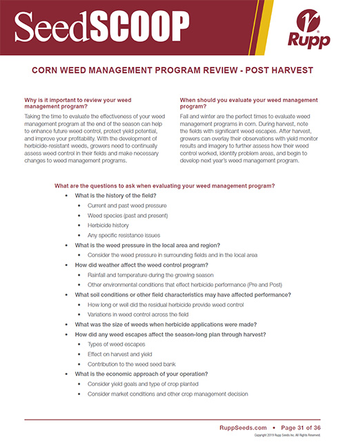 Screen shot image of SeedSCOOP publication discussing corn weed management program review.