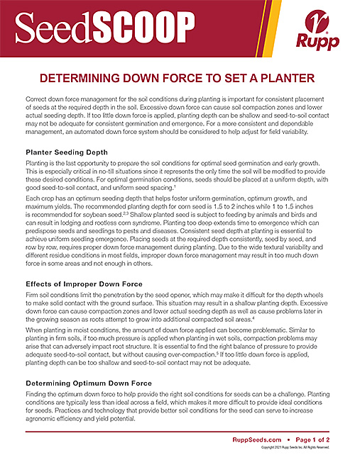 Screen shot image of SeedSCOOP publication discussing how to determine the down force to set your planter to.