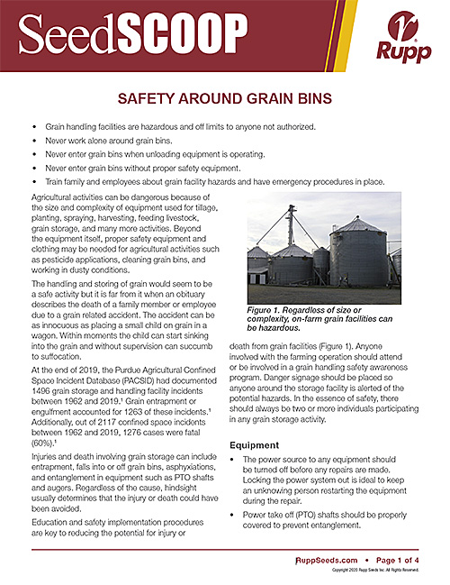 Screen shot image of SeedSCOOP publication discussing safety around grain bins.