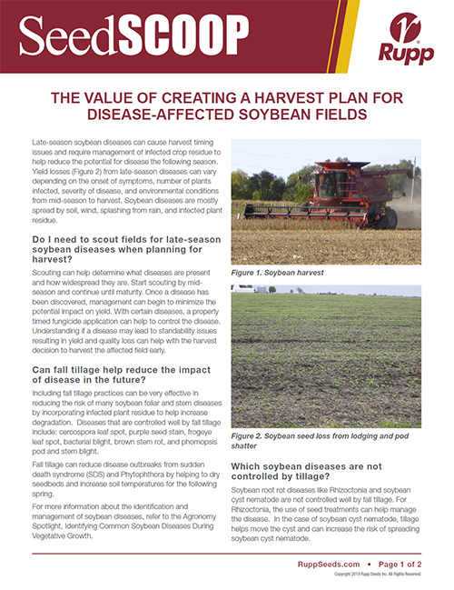 Screen shot image of SeedSCOOP publication discussing the value of creating a harvest plan of disease-affected soybean fields.